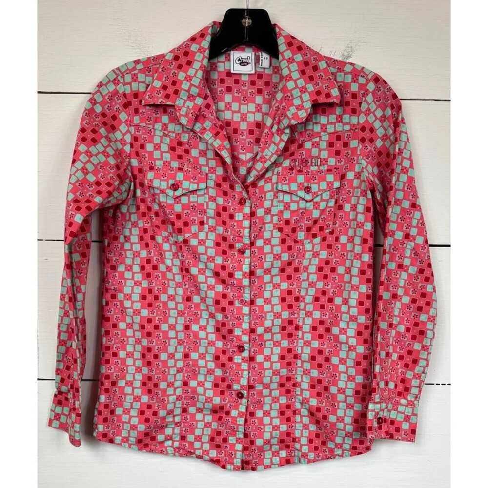 Cruel Girl Pink Green Button Up Shirt Girl's XL (12)